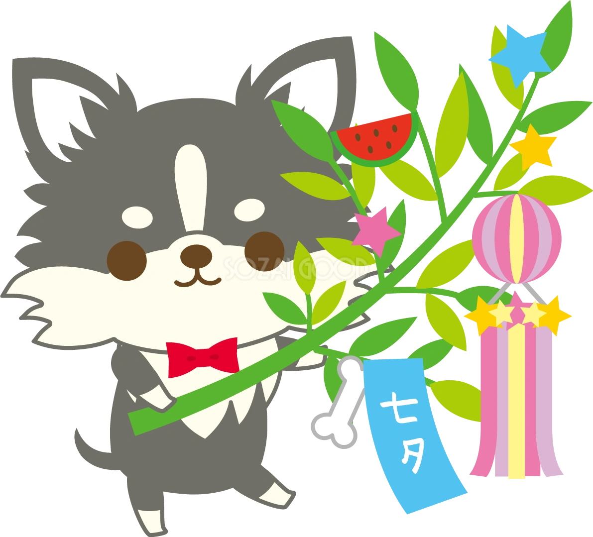 チワワ(犬)七夕(笹を持つ)動物無料イラスト72417