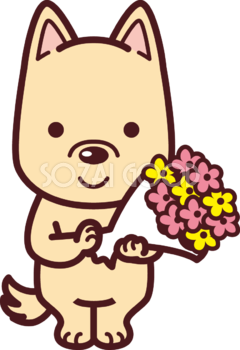 バースデーに犬が花束を持っている かわいい無料イラスト72506