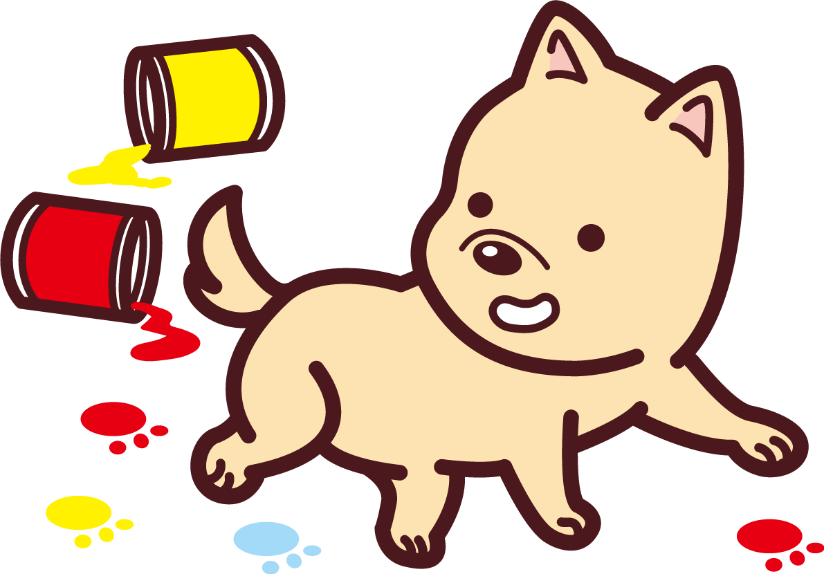 ペンキの缶が転がり犬がそれを踏みカラフルな足跡が沢山 かわいい無料イラスト72526に写真・文字を入れる