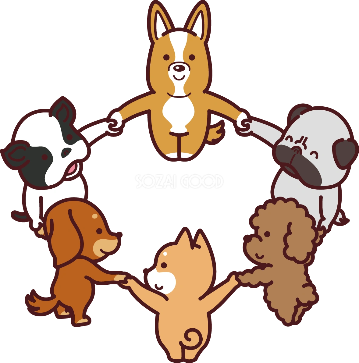 様々な犬種が手を繋いで輪になっている かわいい無料イラスト72623