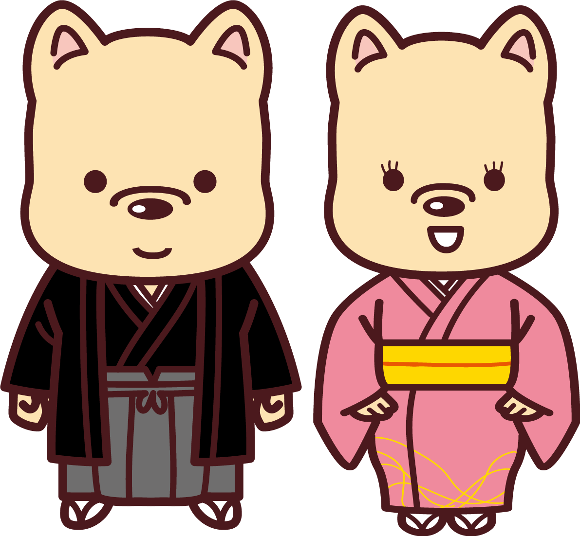 羽織袴の雄犬と着物姿の雌犬が並んでいる 2018干支(戌年)無料イラスト72639に写真・文字を入れる