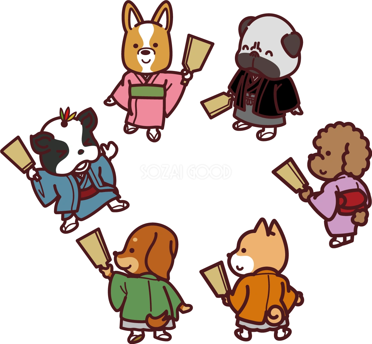 色々な犬種が輪になり羽子板をやってる 2018干支(戌年)無料イラスト