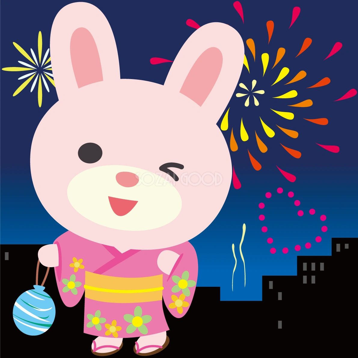 うさぎが花火大会で夜空を見上げる動物無料イラスト72751 | 素材Good