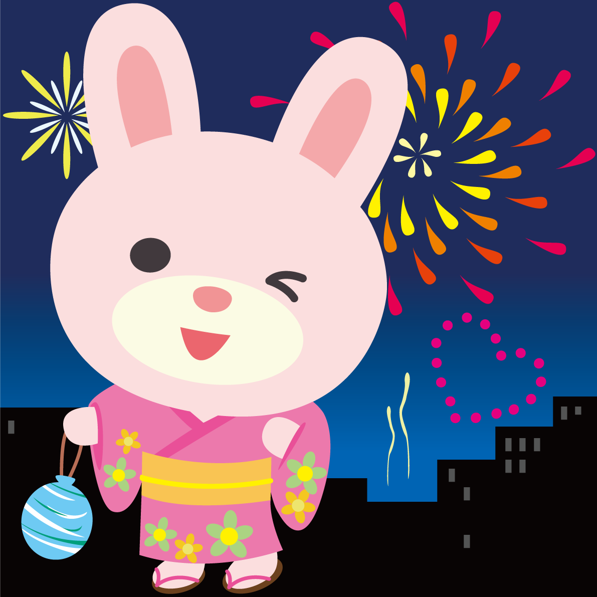 うさぎが花火大会で夜空を見上げる動物無料イラスト72751に写真・文字を入れる