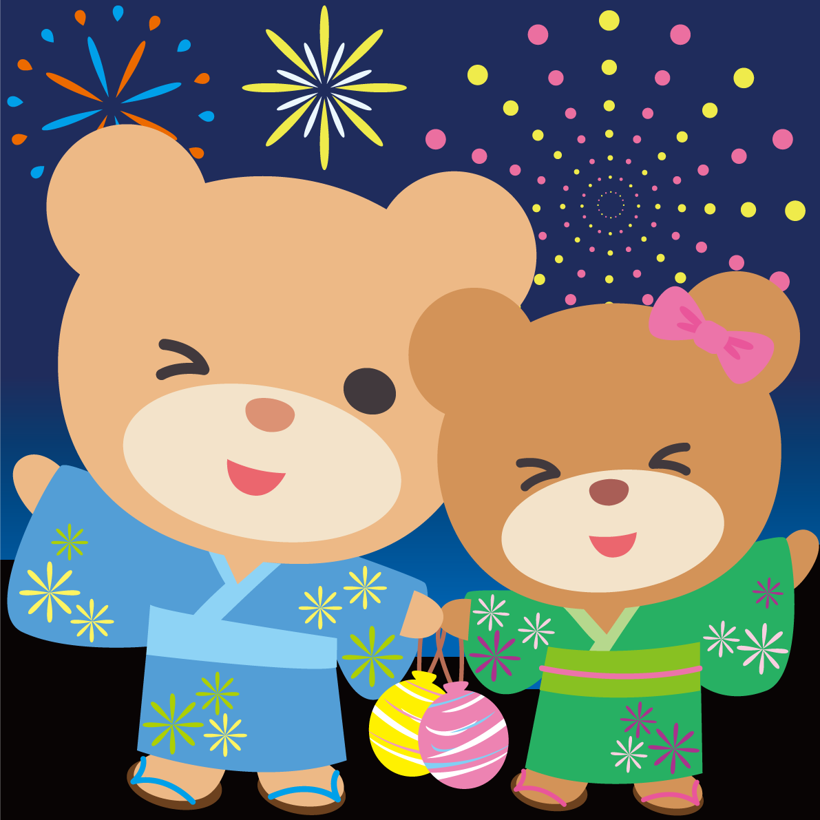 クマが花火大会で夜空を見上げる動物無料イラスト72759に写真・文字を入れる