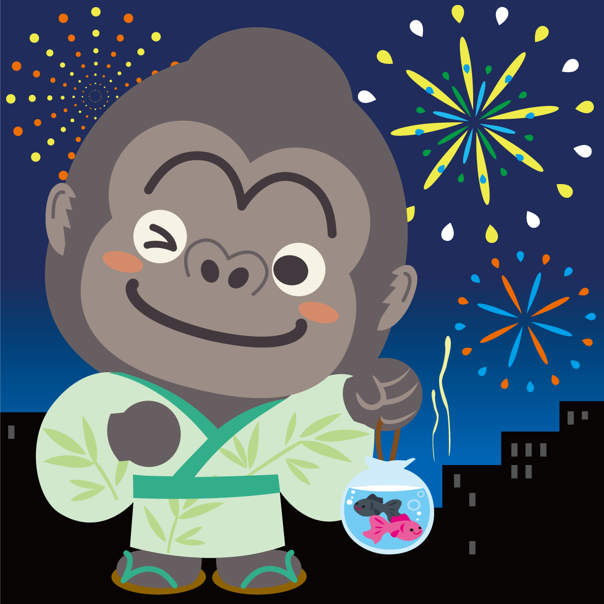 かわいいゴリラが花火大会で夜空を見上げる動物無料イラスト72763に写真・文字を入れる