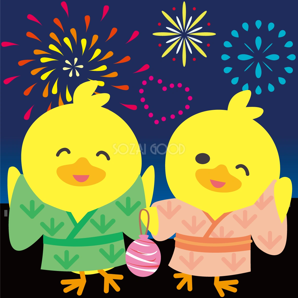 ひよこが花火大会で夜空を見上げる動物無料イラスト72775