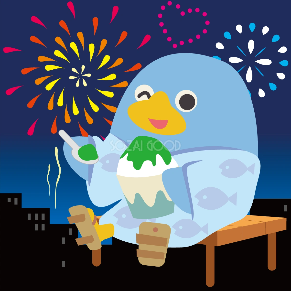 ペンギンが花火大会で夜空を見上げる動物無料イラスト72779