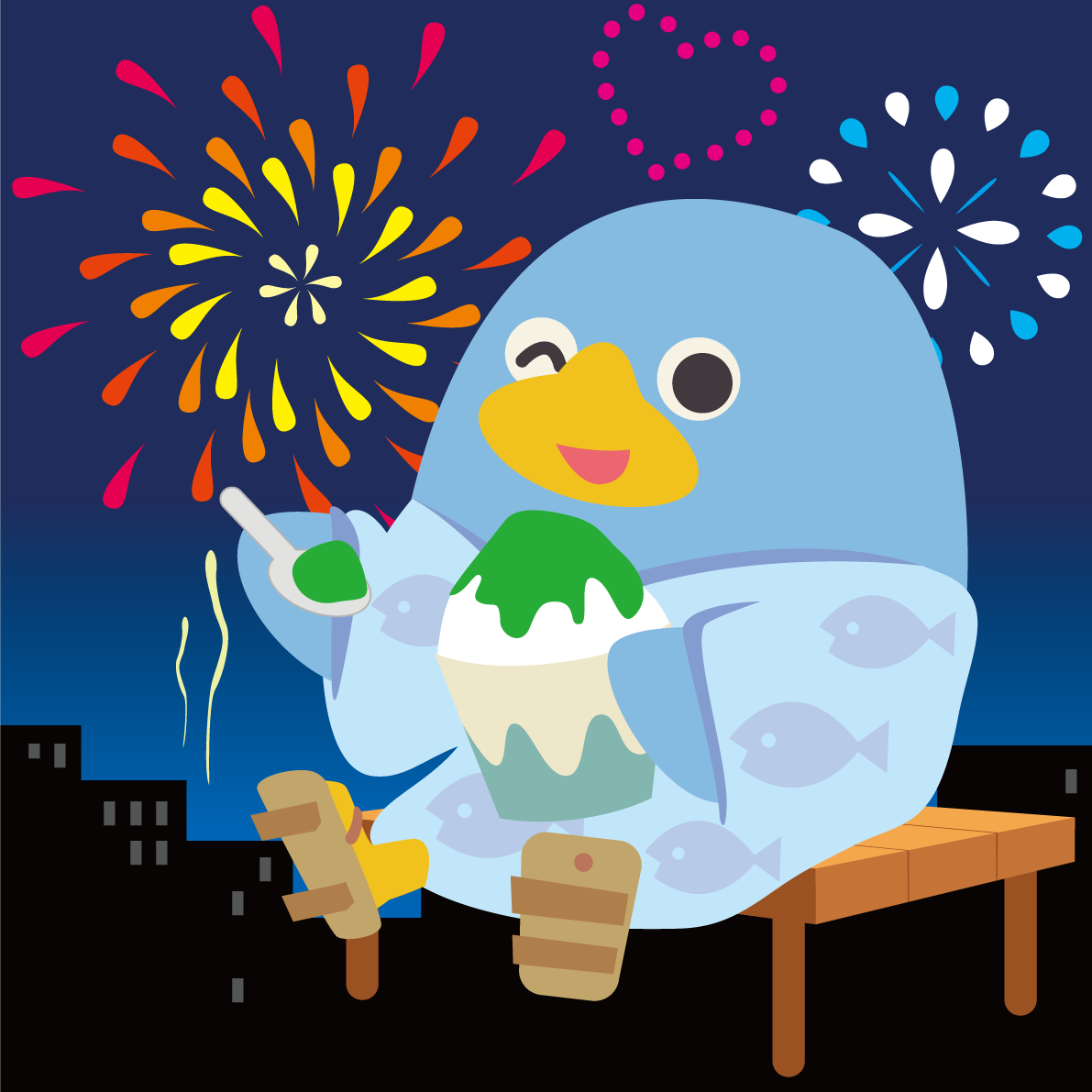 ペンギンが花火大会で夜空を見上げる動物無料イラスト72779に写真・文字を入れる