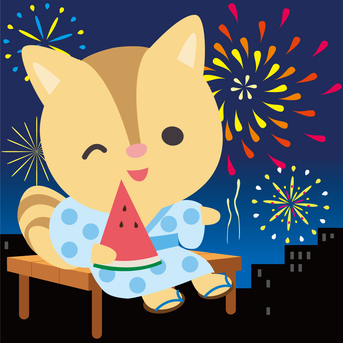 リスが花火大会で夜空を見上げるかわいい動物無料イラスト72787に写真・文字を入れる