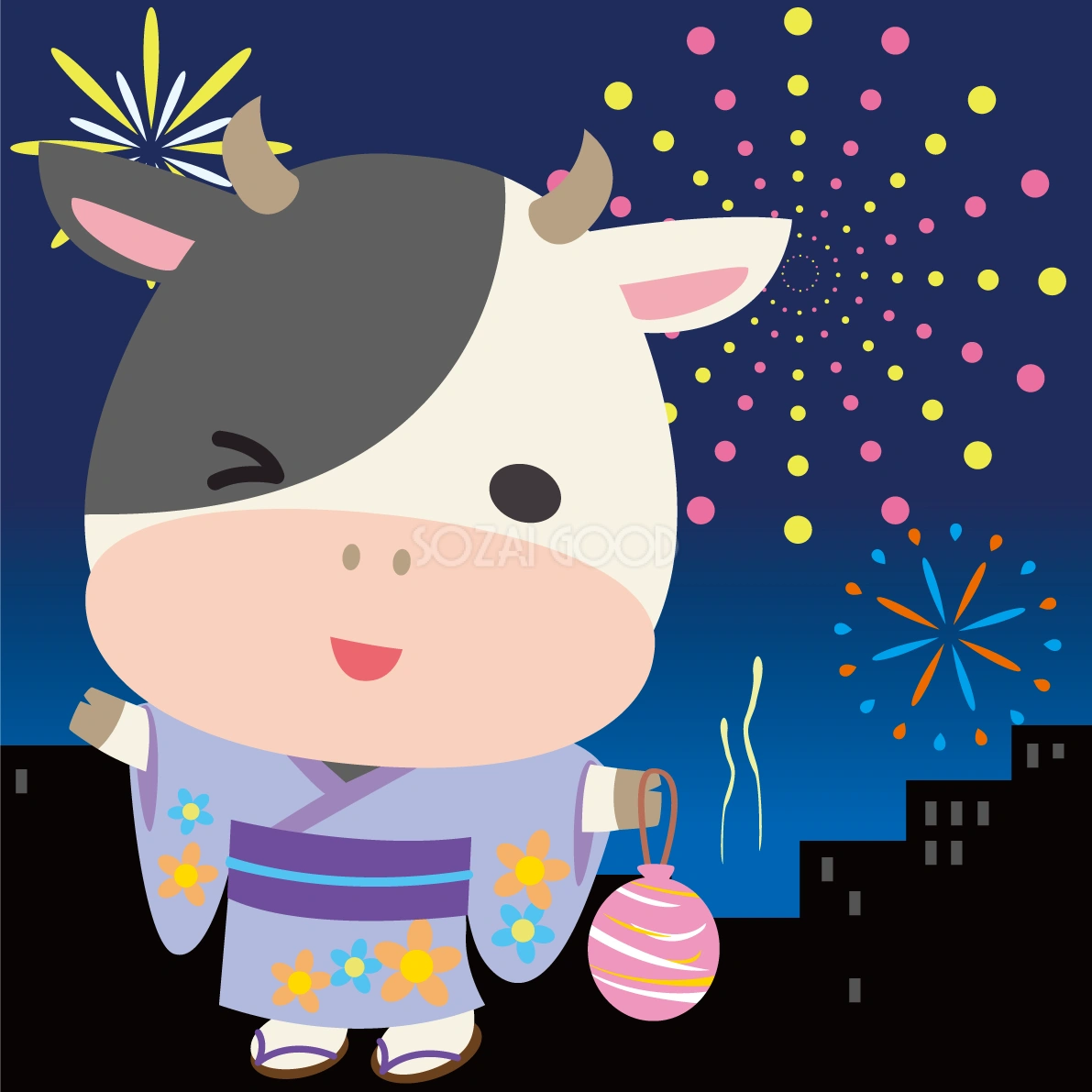 牛が花火大会で夜空を見上げる動物無料イラスト72795