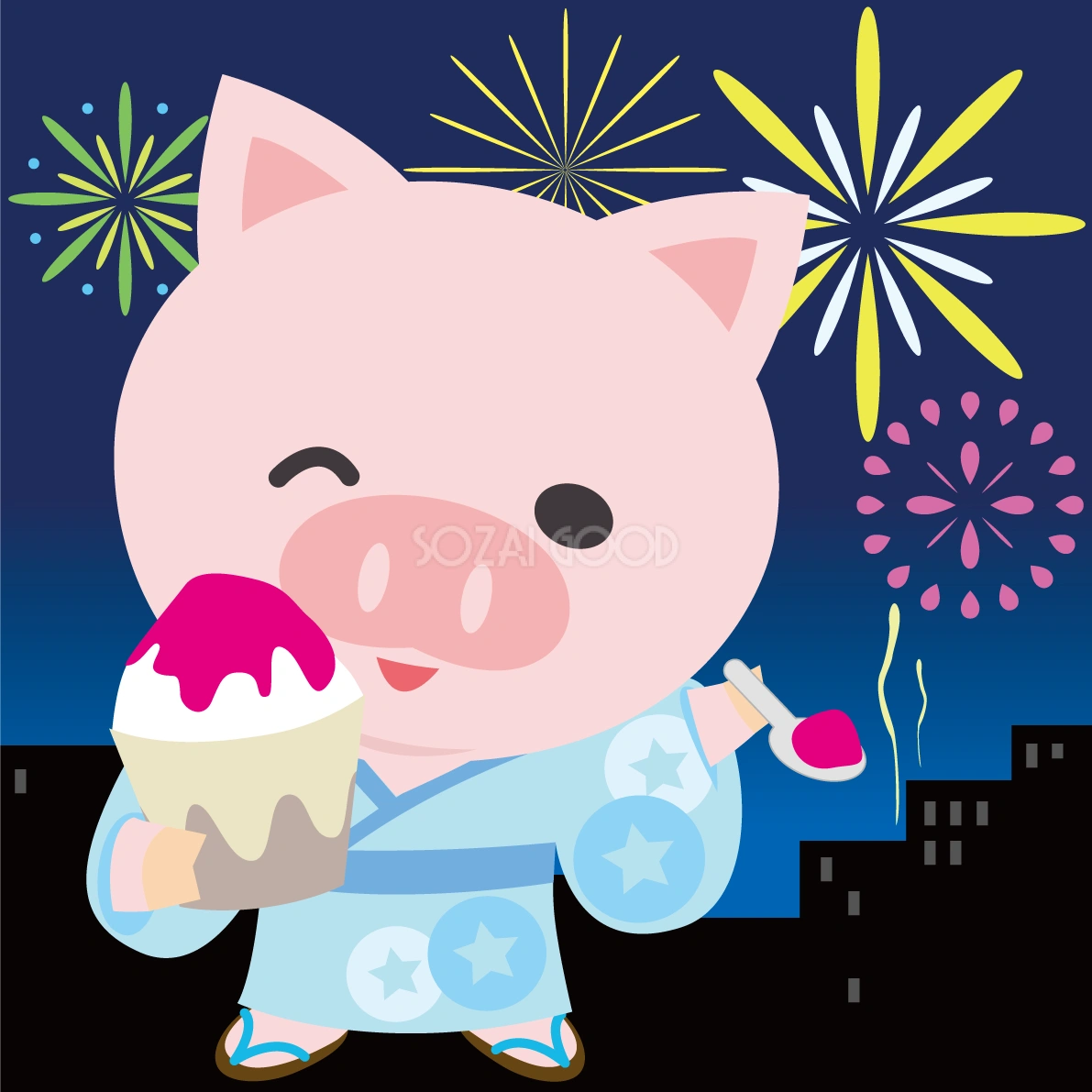豚が花火大会で夜空を見上げる動物無料イラスト72807
