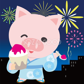 豚が花火大会で夜空を見上げる動物無料イラスト72807