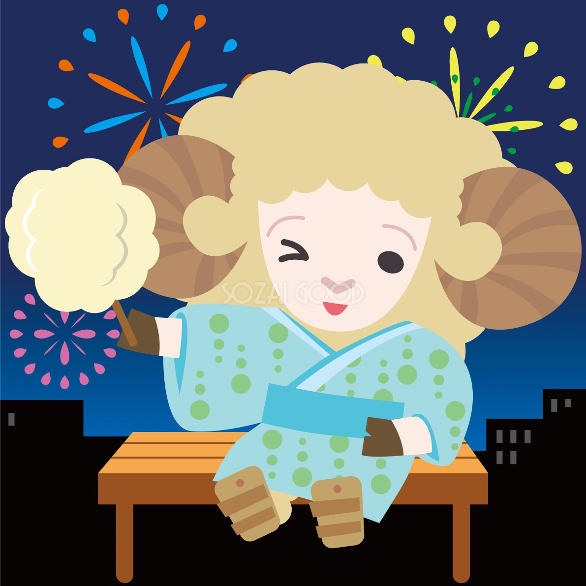 羊が花火大会で夜空を見上げる動物無料イラスト72819