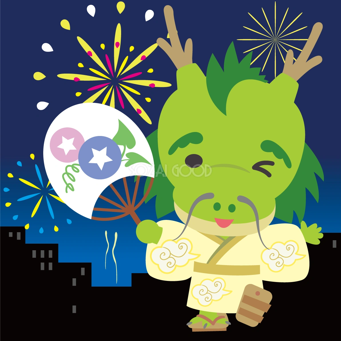 龍が花火大会で夜空を見上げる動物無料イラスト72823