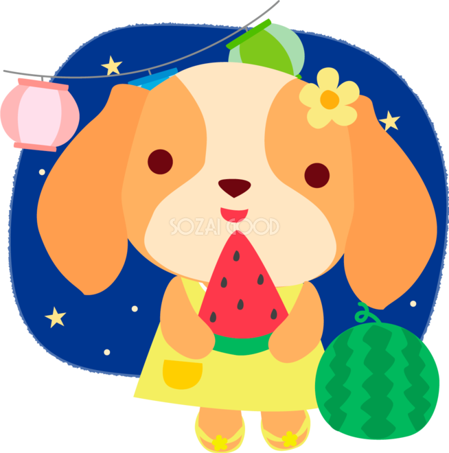 キャバリア 犬 の夏祭り 夏祭りでスイカ かわいい動物無料イラスト