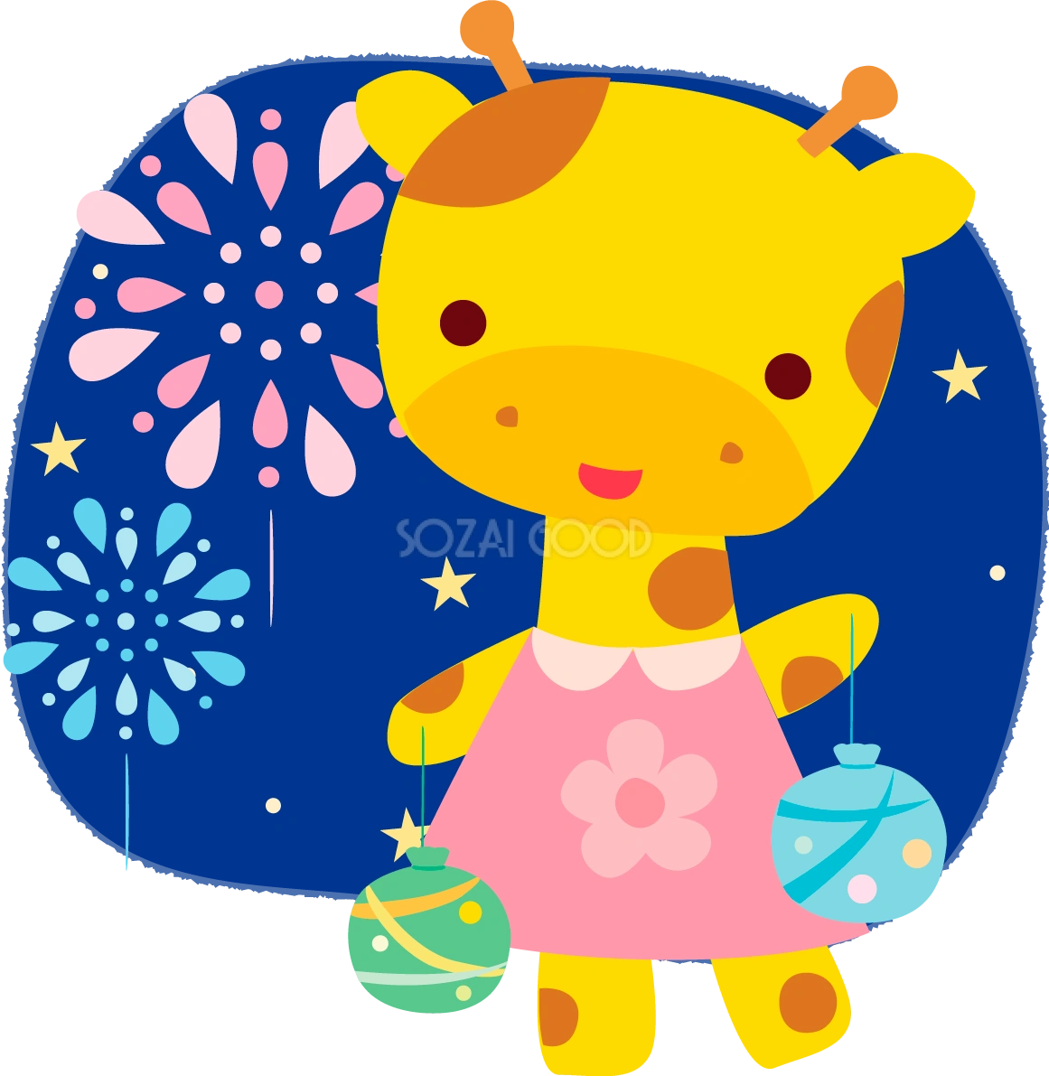 キリン(夏祭りで両手にヨーヨー)かわいい動物無料イラスト72839