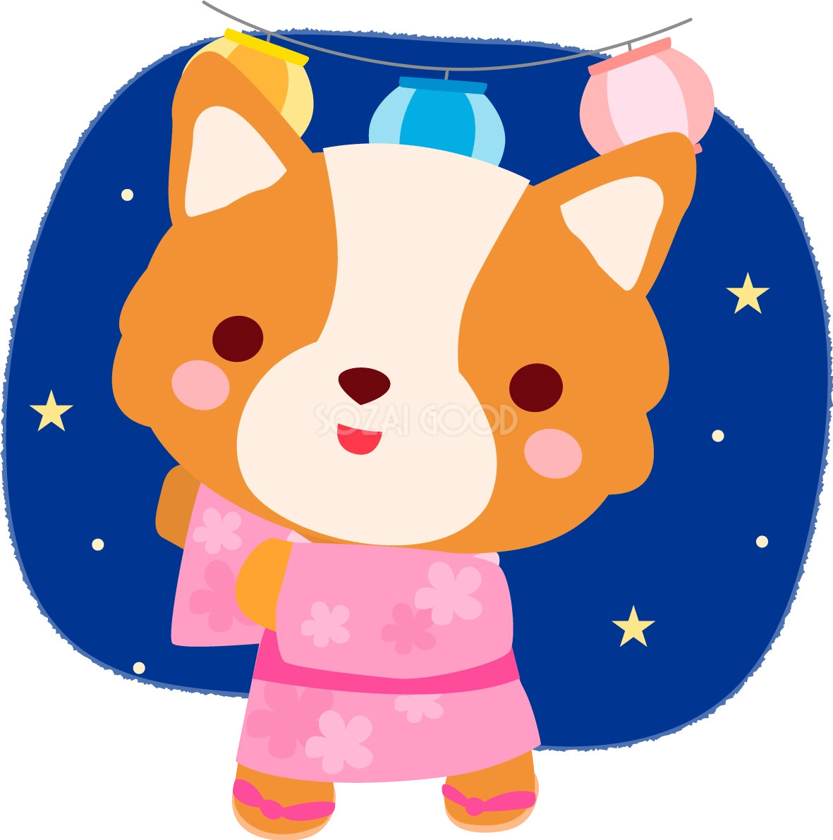コーギー(犬)(夏祭りで盆踊り)かわいい動物無料イラスト72847