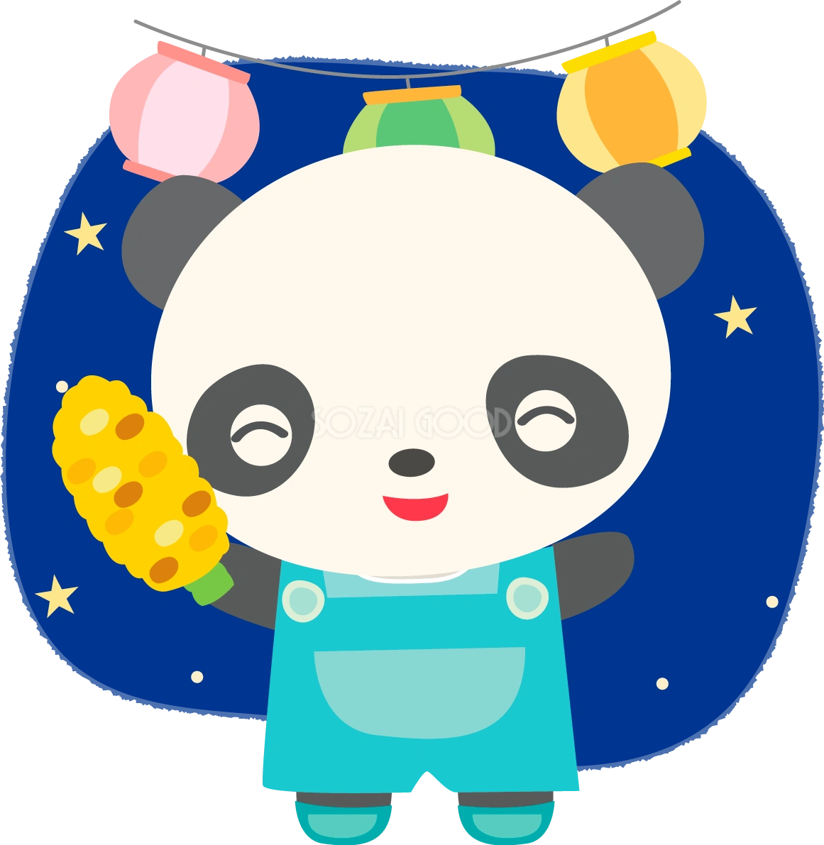 パンダ(夏祭りでとうもろこし)かわいい動物無料イラスト72891