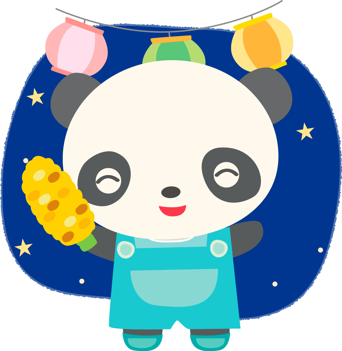 パンダ(夏祭りでとうもろこし)かわいい動物無料イラスト72891に写真・文字を入れる