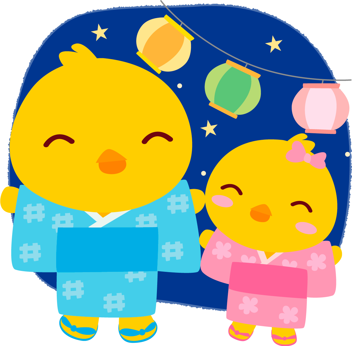 ひよこの夏祭り(兄弟で夏祭り)かわいい動物無料イラスト72899に写真・文字を入れる