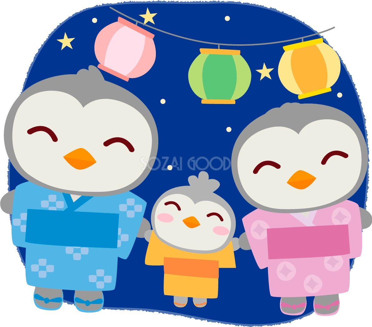 ペンギンの夏祭り(家族で夏祭り)かわいい動物無料イラスト72907
