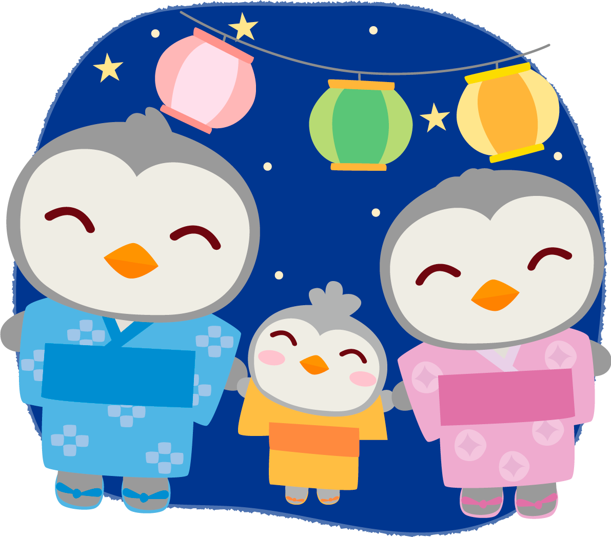 ペンギンの夏祭り(家族で夏祭り)かわいい動物無料イラスト72907に写真・文字を入れる