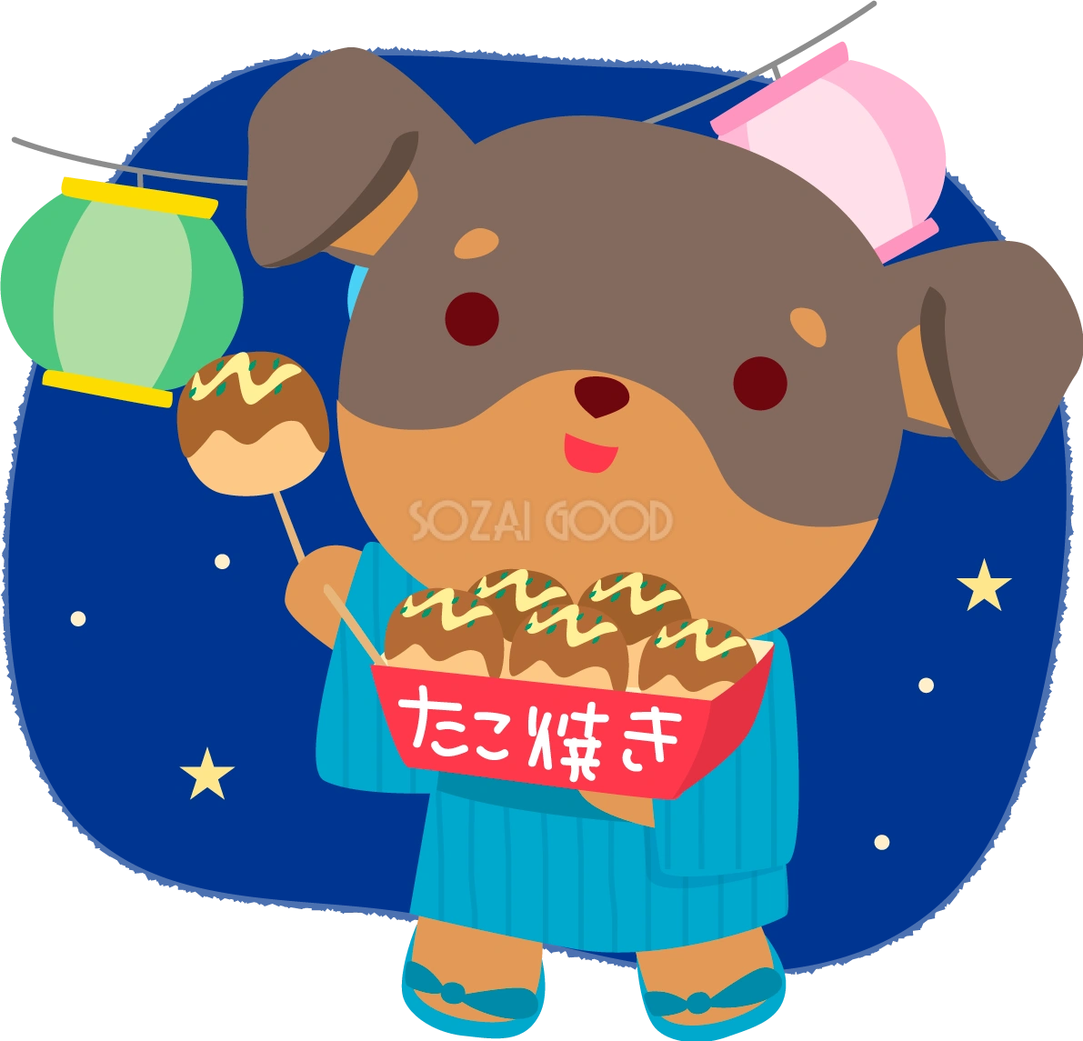 ミニチュア・ピンシャー(犬)(夏祭りでたこ焼き)かわいい動物無料イラスト72930