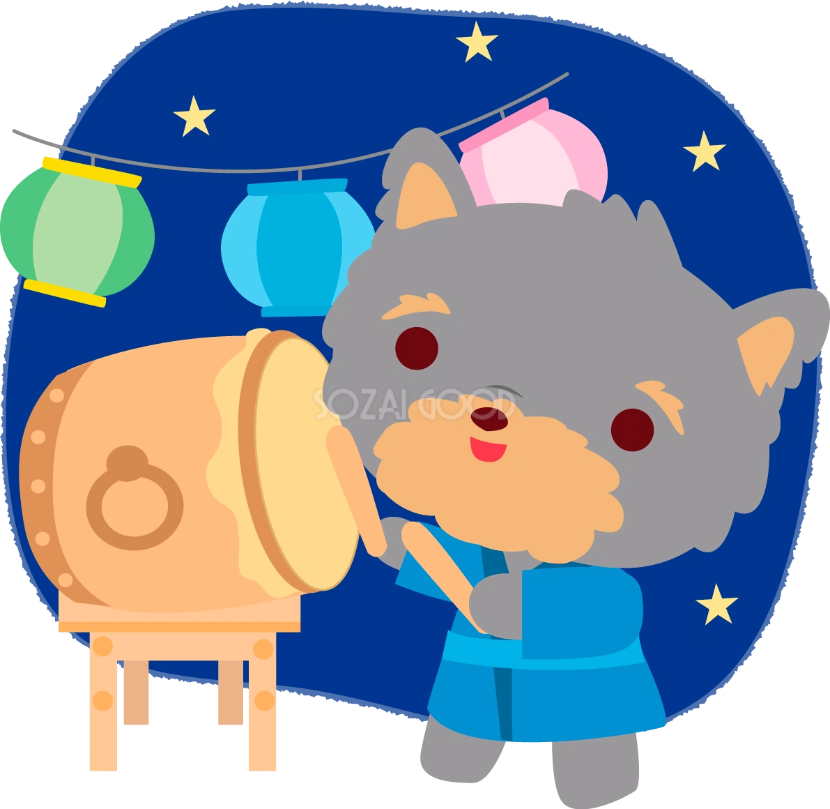 ヨークシャーテリア(犬)(夏祭りで太鼓)かわいい動物無料イラスト72934