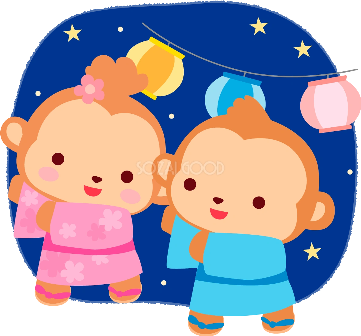 猿(夏祭り兄弟で盆踊り)かわいい動物無料イラスト72946