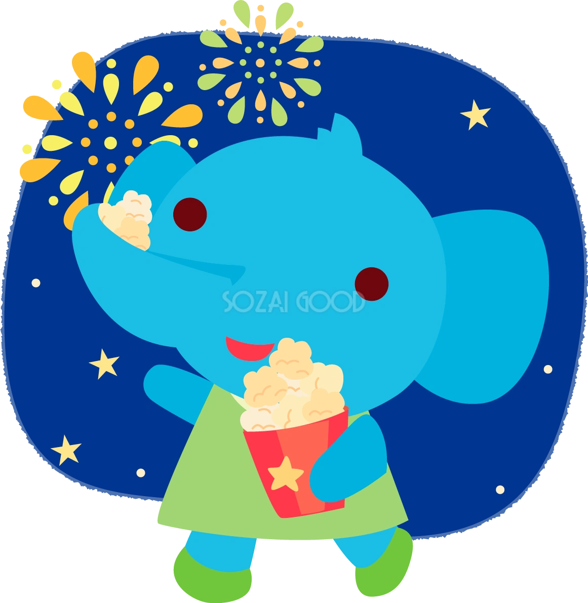 象(夏祭りでポップコーン)かわいい動物無料イラスト72966