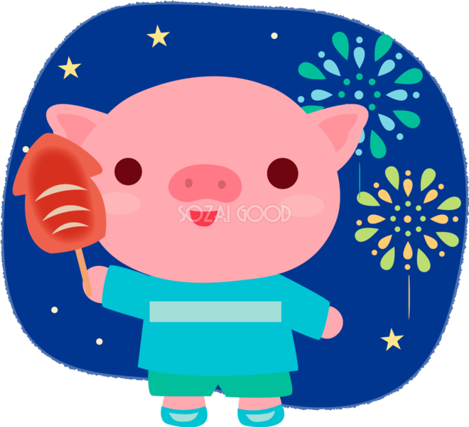 豚の夏祭り 夏祭りでイカ焼き かわいい動物無料イラスト 素材good