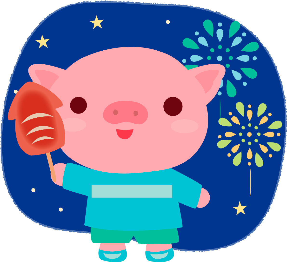 豚(夏祭りでイカ焼き)かわいい動物無料イラスト72970に写真・文字を入れる
