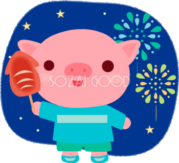 豚の夏祭り(夏祭りでイカ焼き)かわいい動物無料イラスト72970