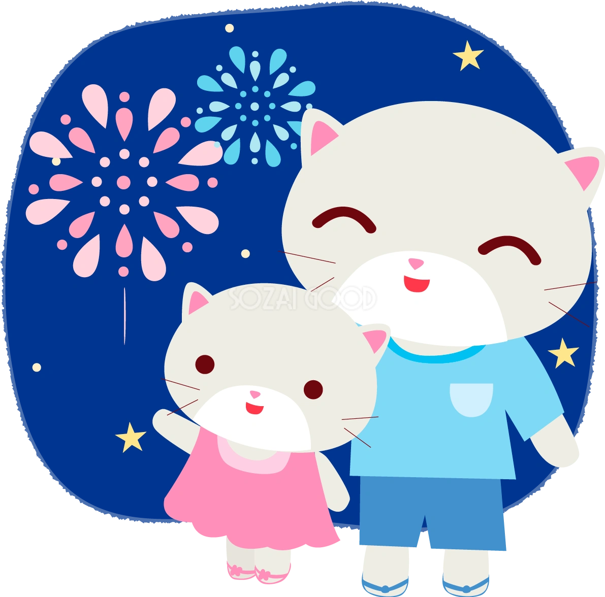 猫(夏祭りパパと花火)かわいい動物無料イラスト72974