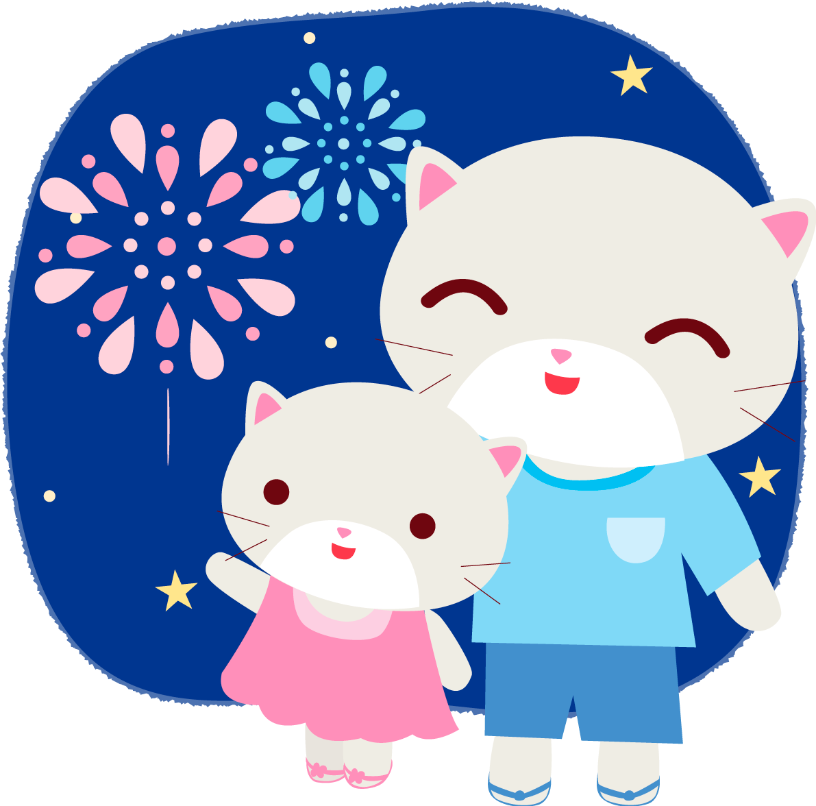 猫(夏祭りパパと花火)かわいい動物無料イラスト72974に写真・文字を入れる