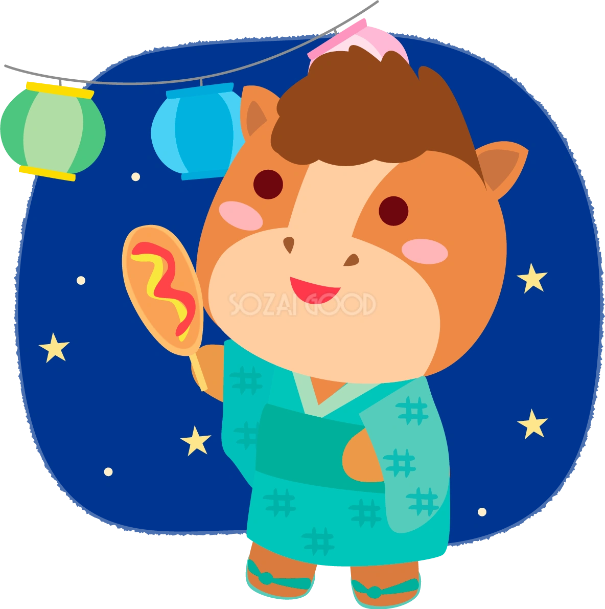 馬(夏祭りアメリカンドッグ)かわいい動物無料イラスト72978