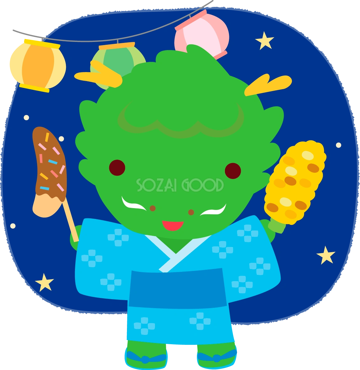 龍(夏祭り両手に食べ物)かわいい動物無料イラスト72986