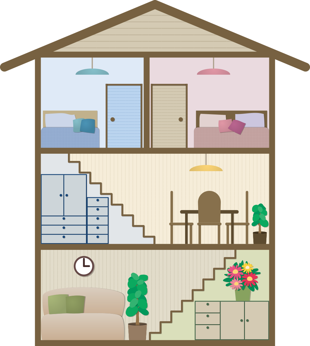 3階建ての家の断面図の建物の無料イラスト73062に写真・文字を入れる