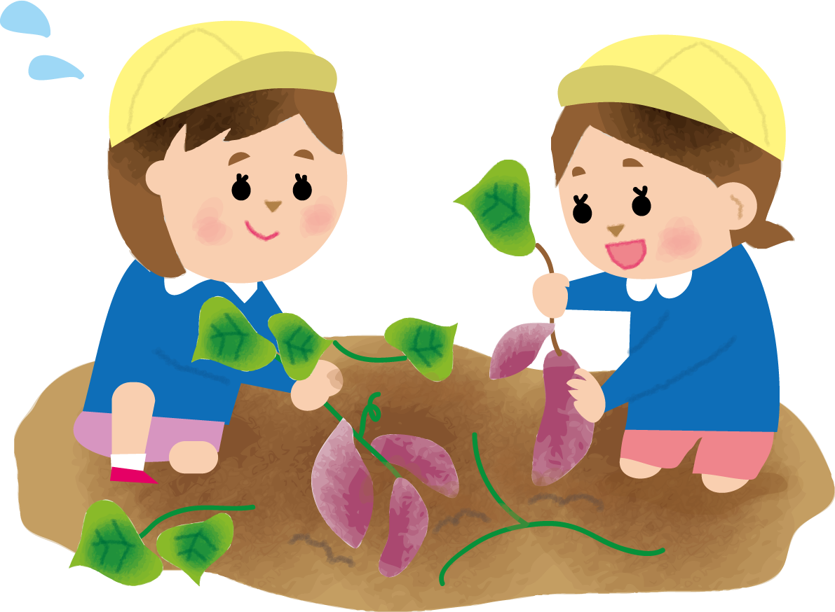 みんなで芋掘りの体験作業をする保育園無料イラスト73327に写真・文字を入れる