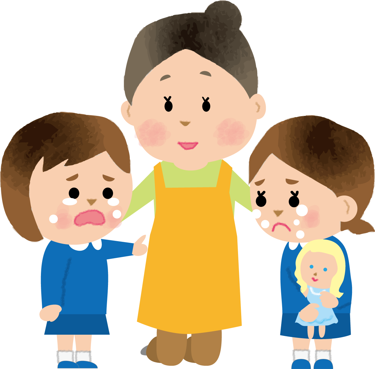 喧嘩をして泣いている園児を保育士がなだめる保育園無料イラスト73343に写真・文字を入れる