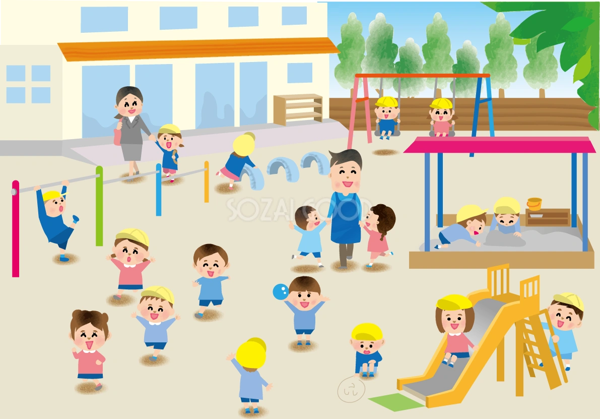 保育園の園庭で遊ぶ大勢の子供達の保育園無料イラスト73404