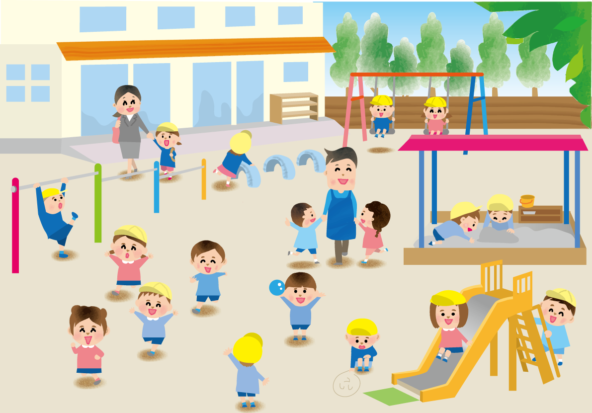 保育園の園庭で遊ぶ大勢の子供達の保育園無料イラスト73404に写真・文字を入れる