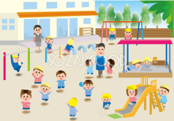 保育園の園庭で遊ぶ大勢の子供達の保育園無料イラスト73404