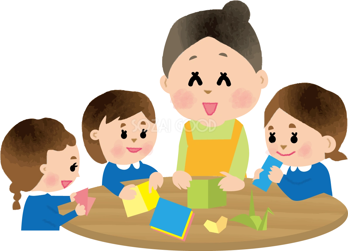 保育士が子供達に折り紙を教える保育園無料イラスト73412