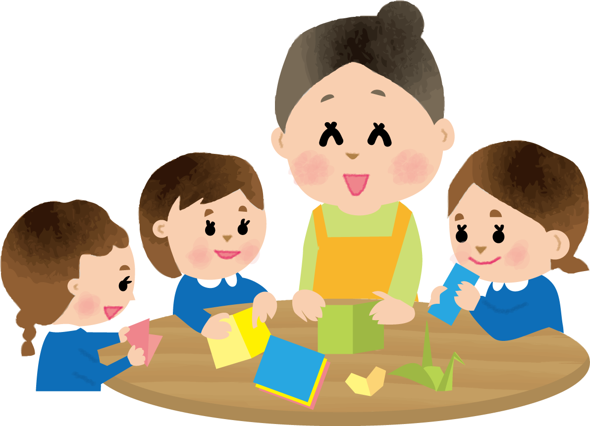 保育士が子供達に折り紙を教える保育園無料イラスト73412に写真・文字を入れる