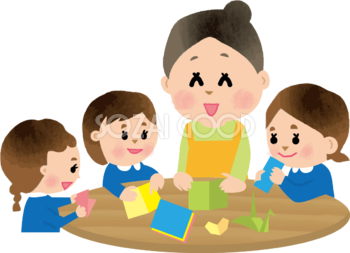 保育士が子供達に折り紙を教える保育園無料イラスト73412