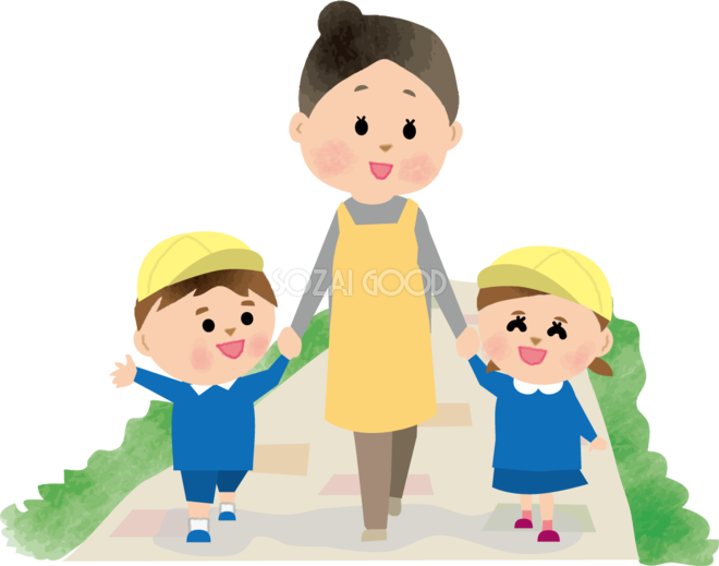 保育士と子供たちが公園内を散歩するおでかけ保育園無料イラスト73416