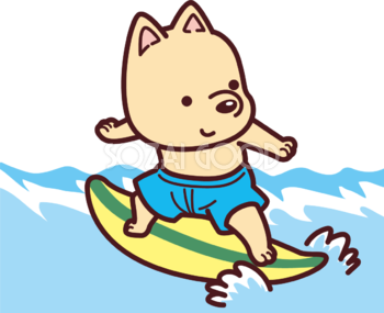 犬が海の波でサーフィン かわいい無料イラスト73485