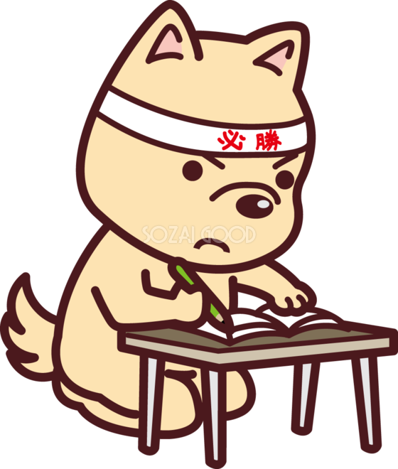 犬が正座して勉強している 必勝のはちまきして かわいい無料イラスト